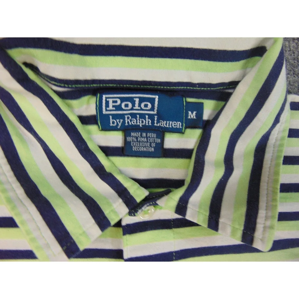 Polo Ralph Lauren Shirt Mens Med Lime‎ Green Blue Striped Cotton Polo Pocket